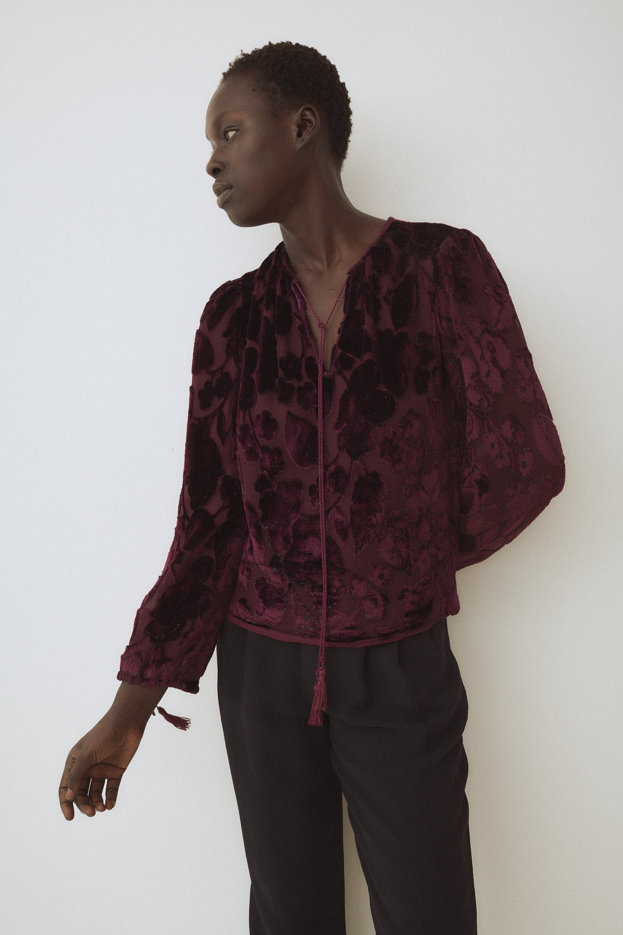 Oscar de la Renta Burgundy Velvet Floral Blouse - Desert Vintage
