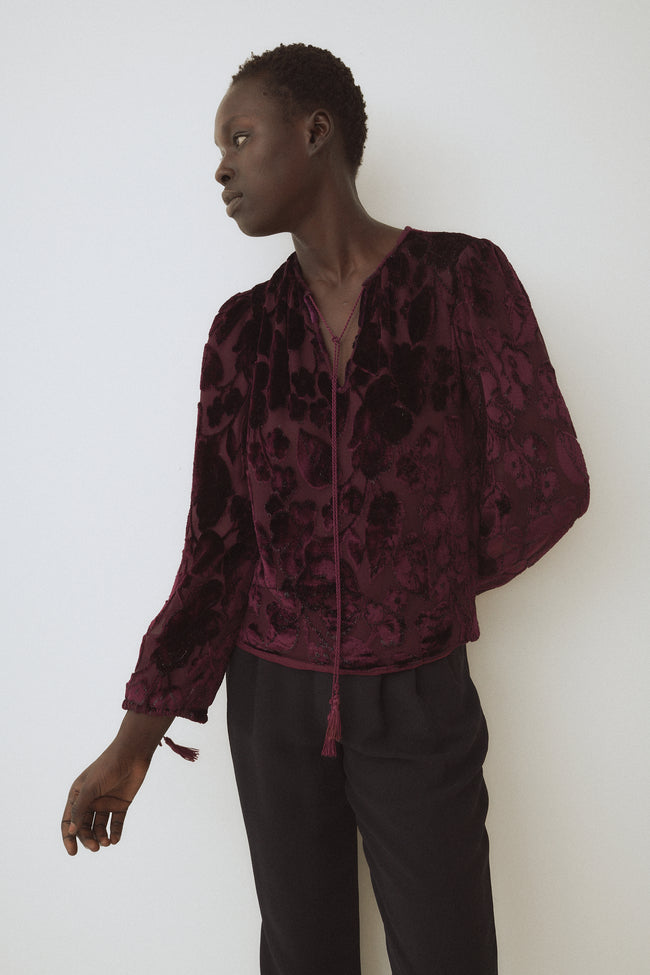 Oscar de la Renta Burgundy Velvet Floral Blouse - Desert Vintage