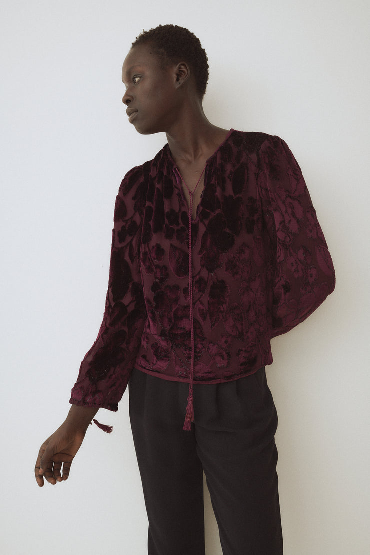 Oscar de la Renta Burgundy Velvet Floral Blouse - Desert Vintage