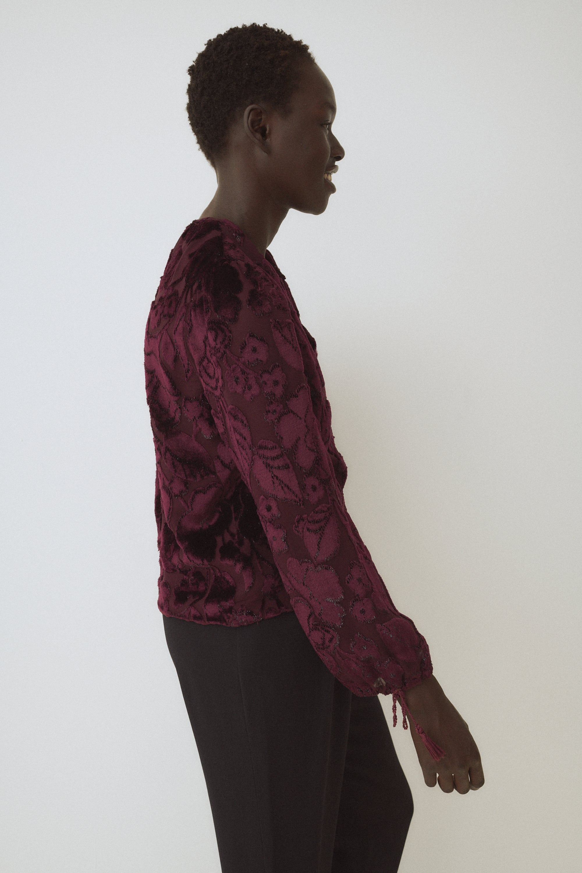 Oscar de la Renta Burgundy Velvet Floral Blouse - Desert Vintage