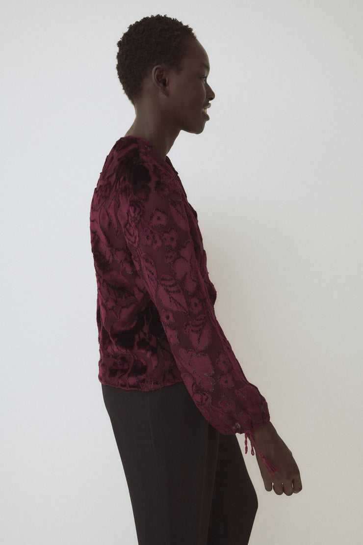 Oscar de la Renta Burgundy Velvet Floral Blouse - Desert Vintage