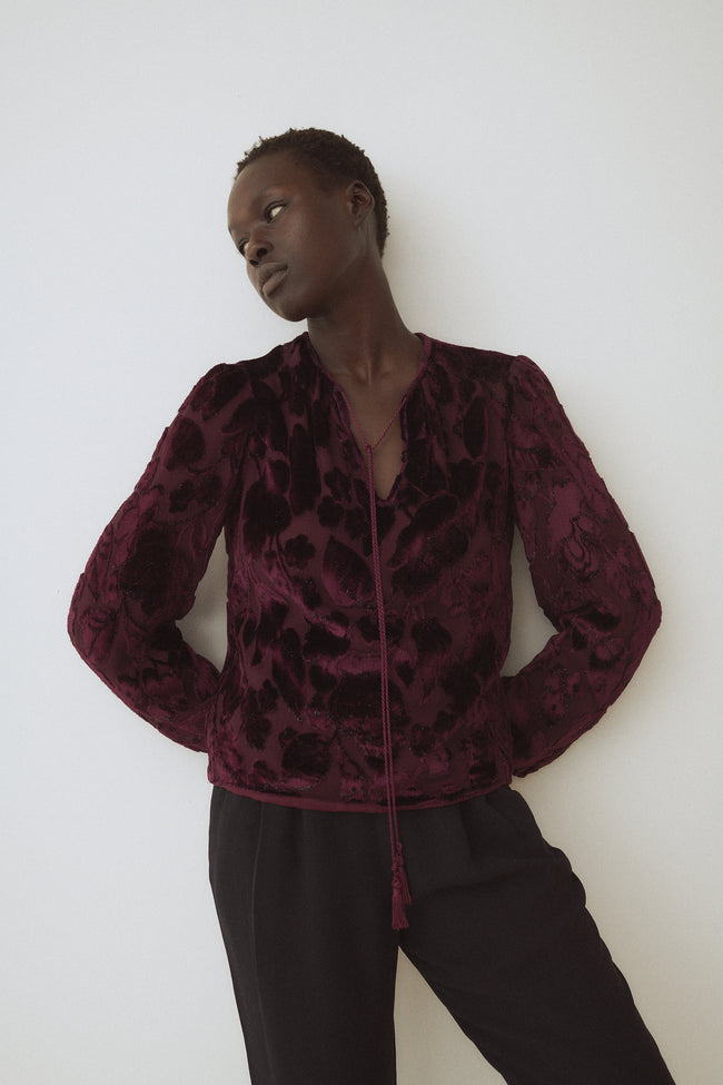 Oscar de la Renta Burgundy Velvet Floral Blouse - Desert Vintage