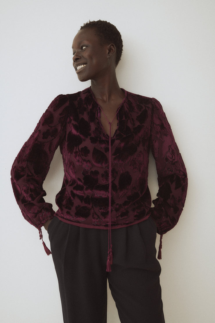 Oscar de la Renta Burgundy Velvet Floral Blouse - Desert Vintage