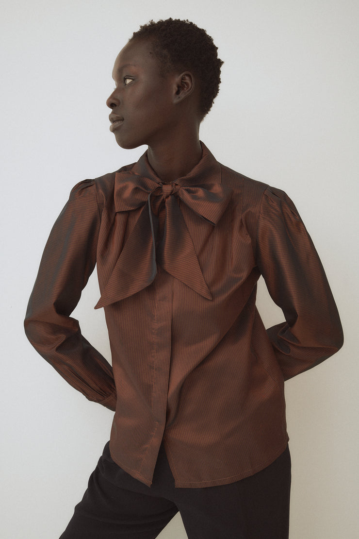 Vintage Bronze Stripe Bow Blouse - Desert Vintage