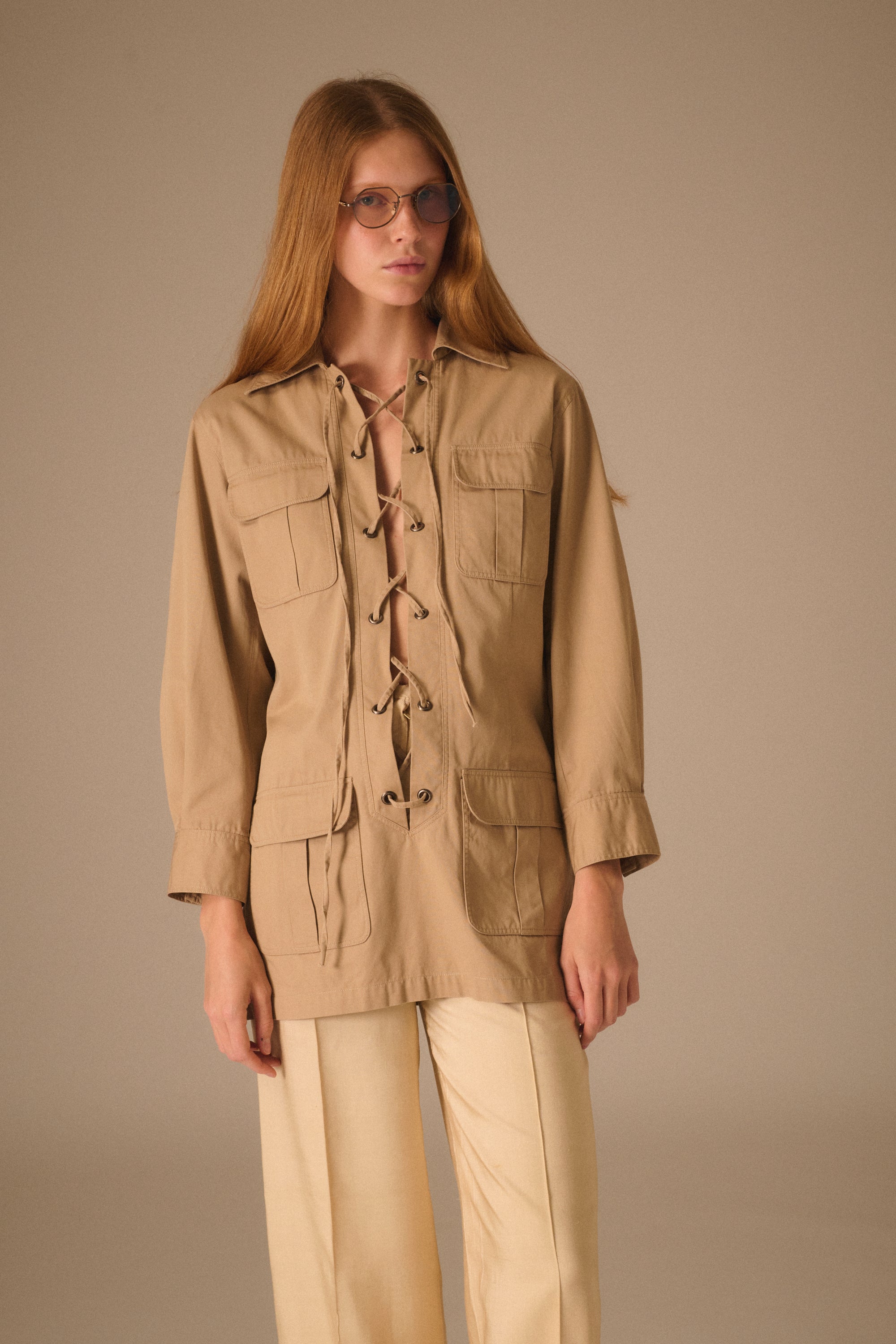 YSL Lace Up Khaki Coat - Desert Vintage