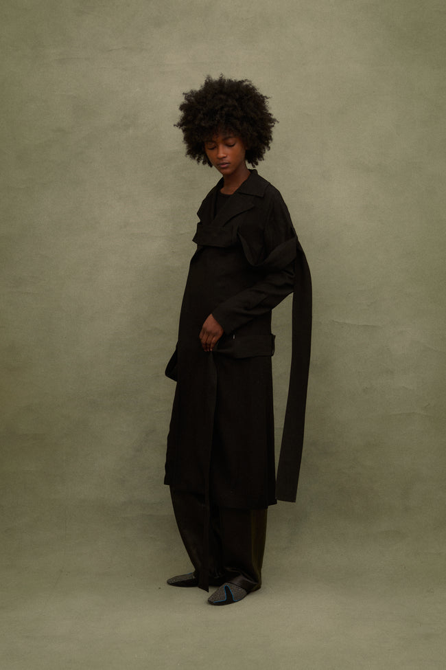 2000s Yohji Yamamoto Black Strap Coat - Desert Vintage