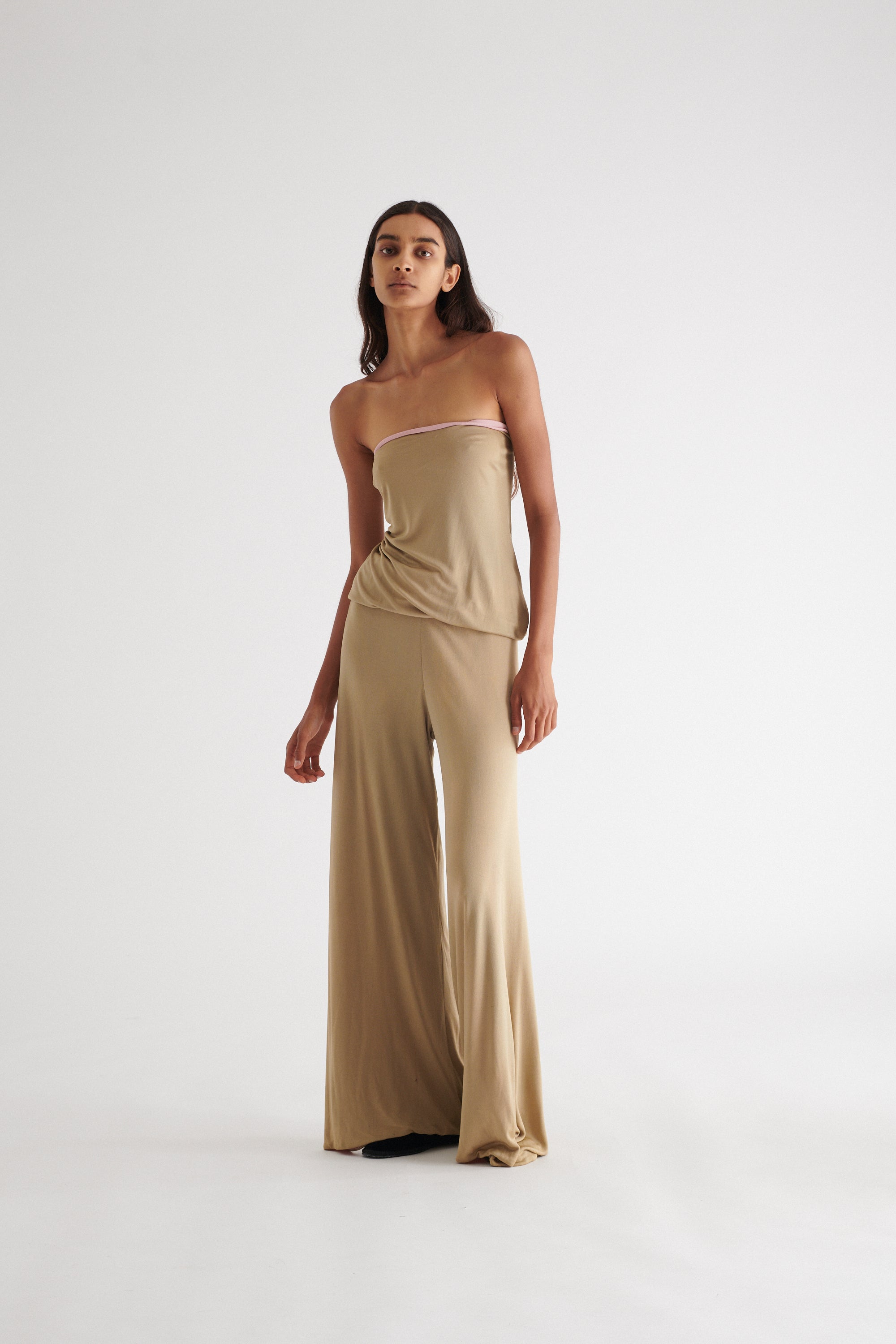 1970s Halston Taupe Jersey Jumpsuit Desert Vintage