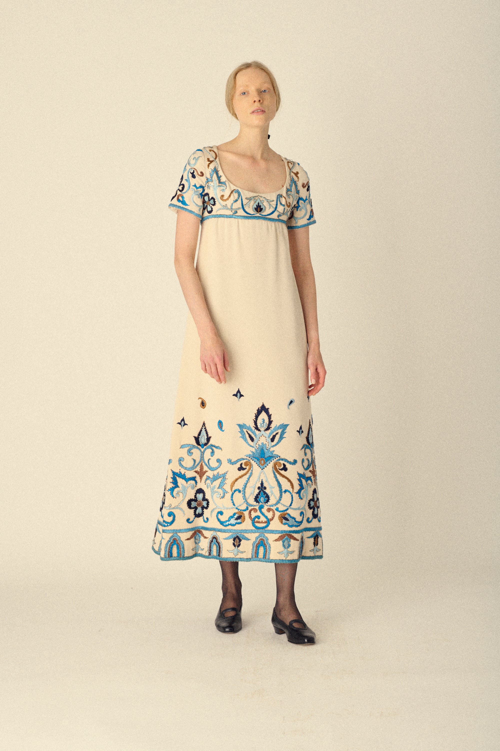 vintage embroidered dress Odessa Blue Floral Maxi - The Hippie Shake - UK 22 - The Hippie Shake 2cm differences due to manual measurement Antique Edwardian Dress 1900s White