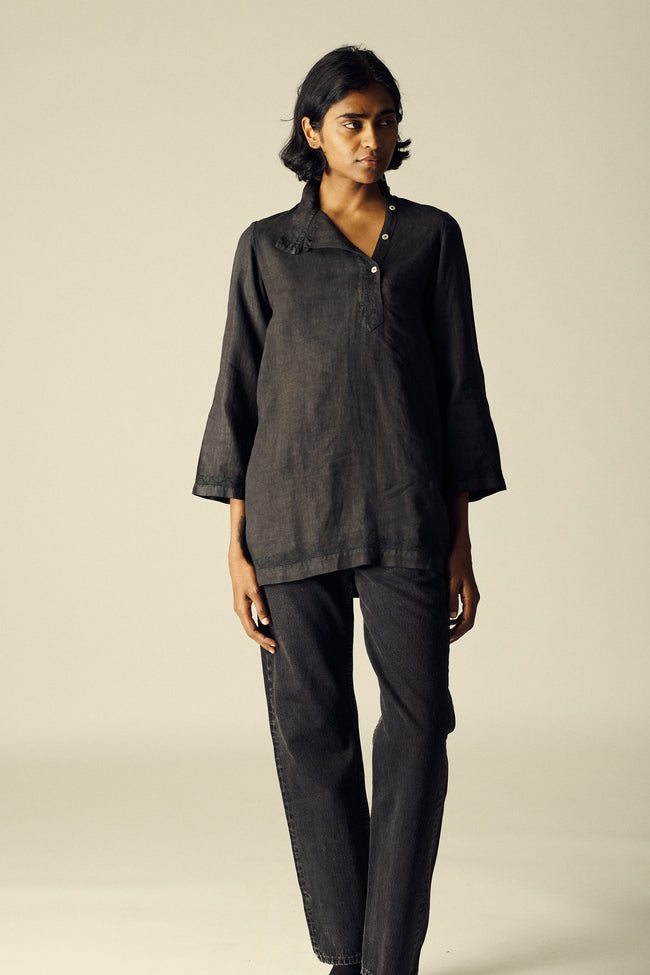 Black Linen Embroidered Blouse - Desert Vintage