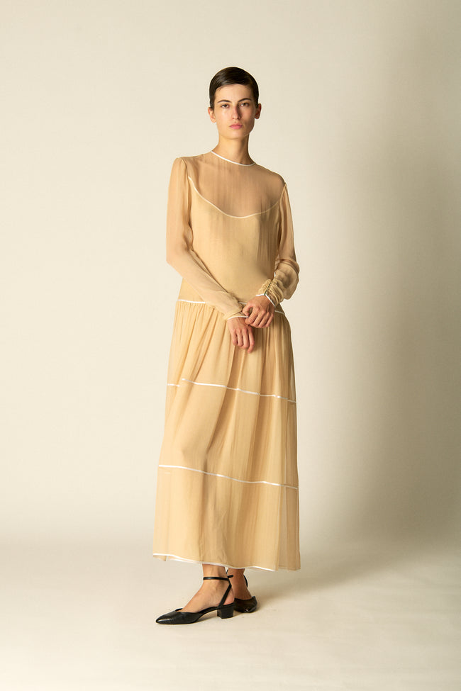 Galanos Ecru Layered Silk Chiffon Dress - Desert Vintage