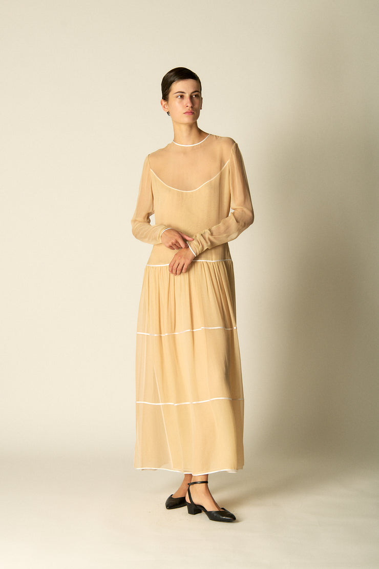 Galanos Ecru Layered Silk Chiffon Dress - Desert Vintage