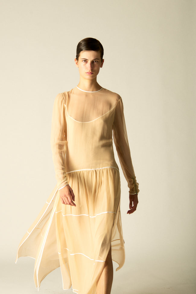 Galanos Ecru Layered Silk Chiffon Dress - Desert Vintage