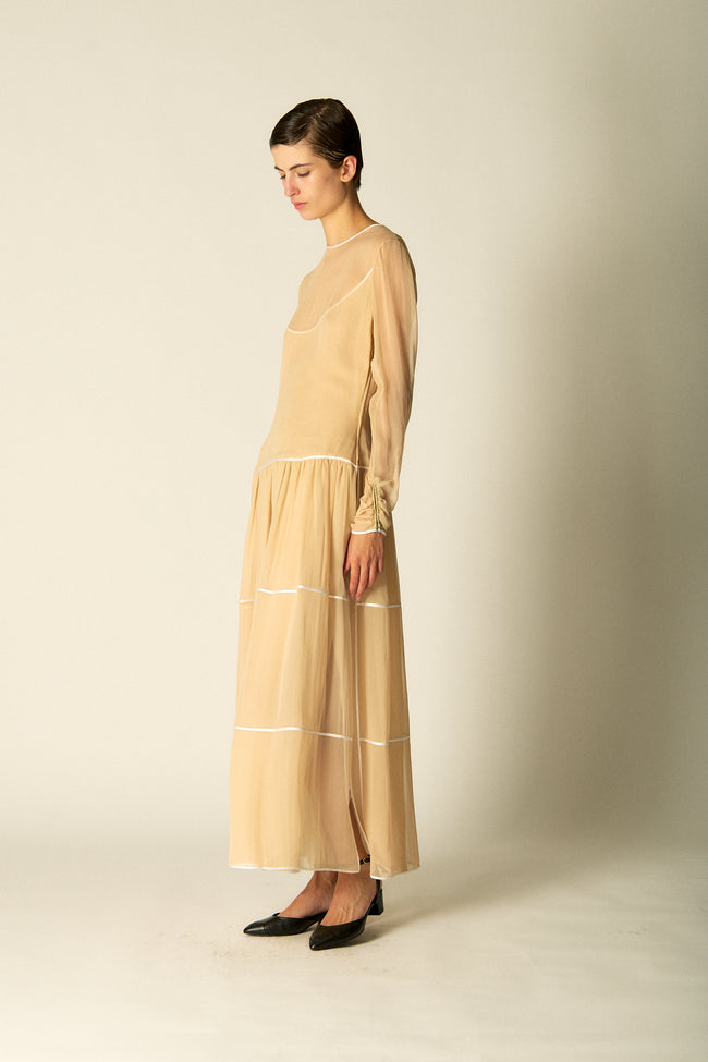 Galanos Ecru Layered Silk Chiffon Dress - Desert Vintage