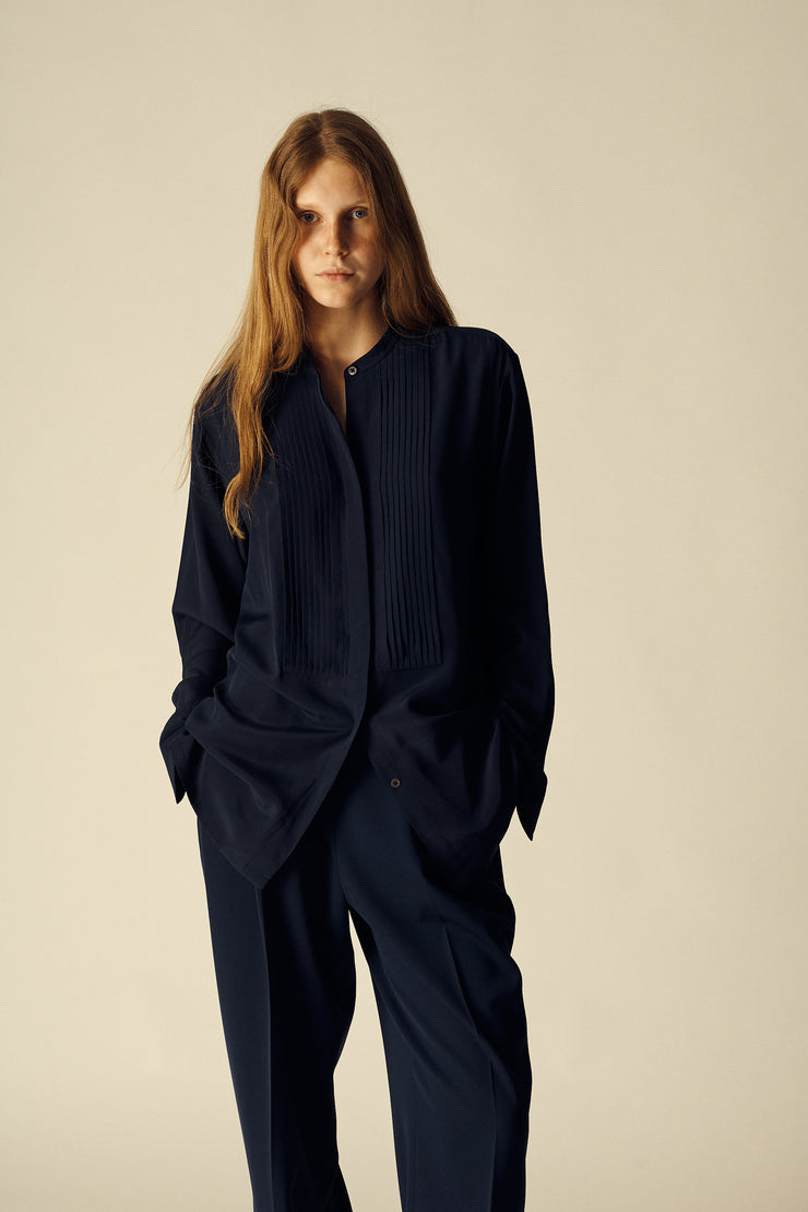 Dries Van Noten Pintuck Navy Blouse - Desert Vintage