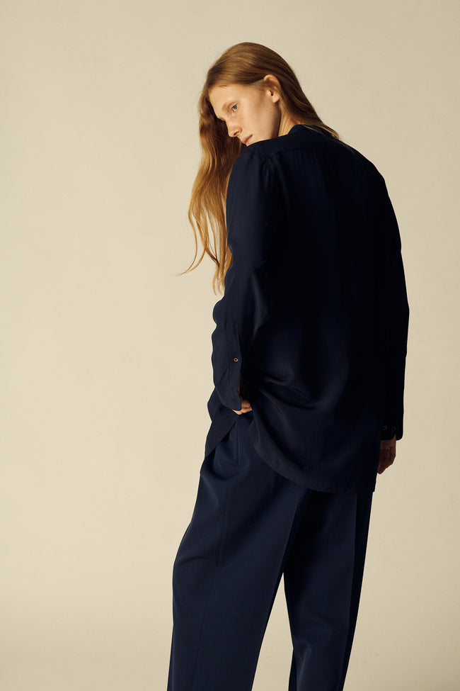 Dries Van Noten Pintuck Navy Blouse - Desert Vintage