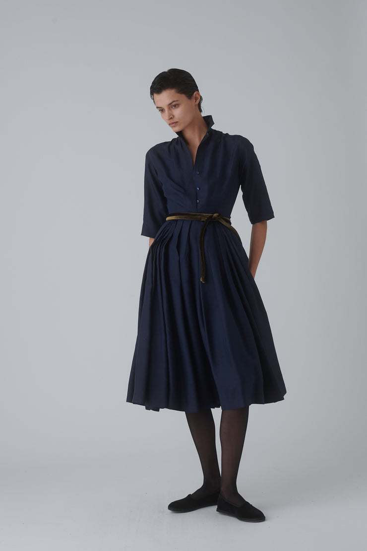 Pleated Navy Silk Dress - Desert Vintage