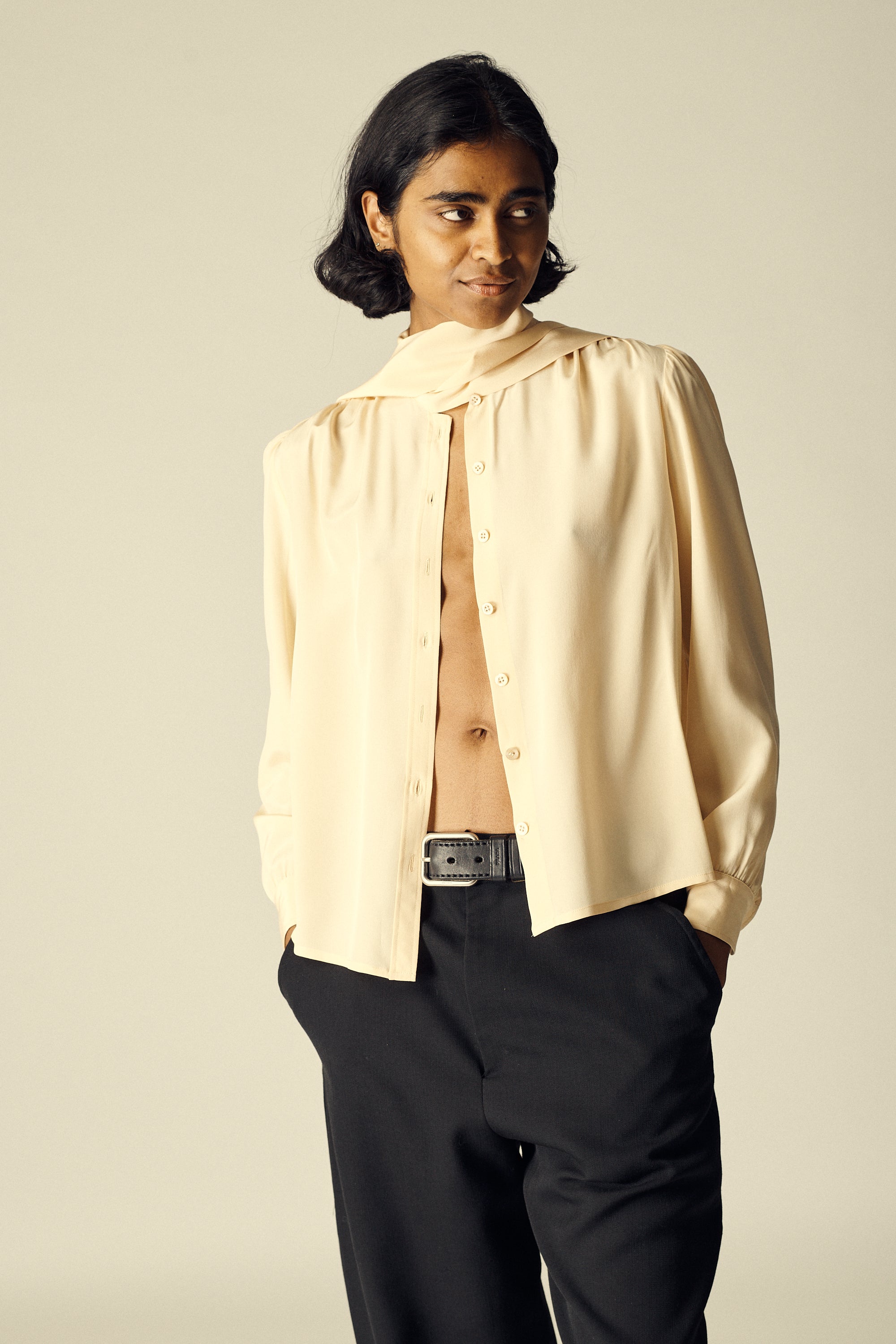 Cream Silk Tie Blouse - Desert Vintage