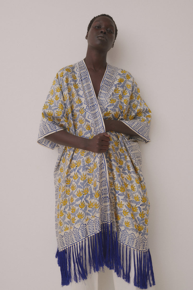 Vintage Silk Block Printed Floral Caftan - Desert Vintage